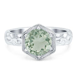 Hexagonal Shape Round Natural Green Amethyst Prasiolite Solitaire Ring 925 Sterling Silver