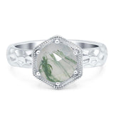 Hexagonal Shape Round Natural Green Moss Agate Solitaire Ring 925 Sterling Silver