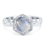 Hexagonal Shape Round Natural Moonstone Solitaire Ring 925 Sterling Silver