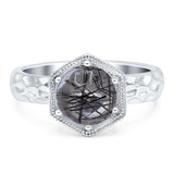 Hexagonal Shape Round Natural Rutilated Quartz Solitaire Ring 925 Sterling Silver