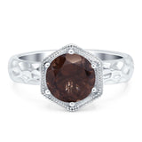 Hexagonal Shape Round Natural Chocolate Smoky Quartz Solitaire Ring 925 Sterling Silver