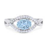 Oval Natural Aquamarine Infinity Evil Eye Halo Ring 925 Sterling Silver