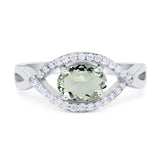 Oval Natural Green Amethyst Prasiolite Infinity Evil Eye Halo Ring 925 Sterling Silver