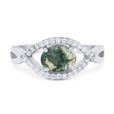 Oval Natural Green Moss Agate Infinity Evil Eye Halo Ring 925 Sterling Silver