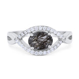 Oval Natural Rutilated Quartz Infinity Evil Eye Halo Ring 925 Sterling Silver