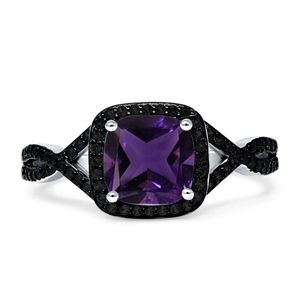 Art Deco Cushion Cut Halo Natural Amethyst Side Stone Black CZ