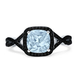 Art Deco Cushion Cut Halo Natural Aquamarine Side Stone Black CZ Ring 925 Sterling Silver