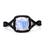 Art Deco Cushion Cut Halo Natural Moonstone Side Stone Black CZ Ring 925 Sterling Silver