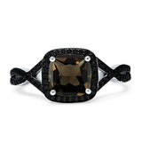 Art Deco Cushion Cut Halo Natural Chocolate Smoky Quartz Side Stone Black CZ Ring 925 Sterling Silver