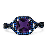 Art Deco Cushion Cut Halo Natural Amethyst Side Stone Blue Sapphire CZ Ring 925 Sterling Silver