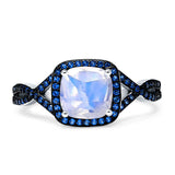 Art Deco Cushion Cut Halo Natural Moonstone Side Stone Blue Sapphire CZ Ring 925 Sterling Silver