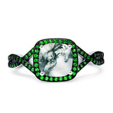 Art Deco Cushion Cut Halo Natural Green Moss Agate Side Stone Green Emerald CZ Ring 925 Sterling Silver