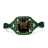 Art Deco Cushion Cut Halo Natural Chocolate Smoky Quartz Side Stone Green Emerald CZ Ring 925 Sterling Silver