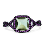 Art Deco Cushion Cut Halo Natural Green Amethyst Prasiolite Side Stone Amethyst CZ Ring 925 Sterling Silver