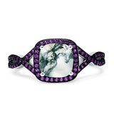 Art Deco Cushion Cut Halo Natural Green Moss Agate Side Stone Amethyst CZ Ring 925 Sterling Silver