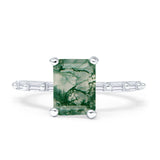 Art Deco Emerald Cut Natural Green Moss Agate Solitaire Wedding Ring 925 Sterling Silver