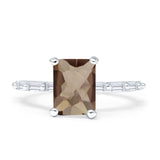 Art Deco Emerald Cut Natural Chocolate Smoky Quartz Solitaire Wedding Ring 925 Sterling Silver