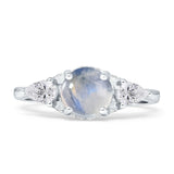Three Stone Round Natural Moonstone Hidden Halo Trellis Ring 925 Sterling Silver
