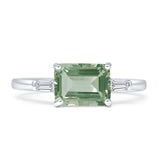 Emerald Cut Natural Green Amethyst Prasiolite Solitaire Trio Ring 925 Sterling Silver