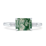 Emerald Cut Natural Green Moss Agate Solitaire Trio Ring 925 Sterling Silver