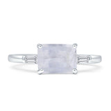 Emerald Cut Natural Moonstone Solitaire Trio Ring 925 Sterling Silver