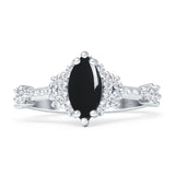 Marquise Natural Black Onyx Halo Beaded Ring 925 Sterling Silver