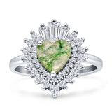 Heart Halo Natural Green Moss Agate Bridal Promise Ring 925 Sterling Silver