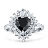 Heart Halo Natural Black Onyx Bridal Promise Ring 925 Sterling Silver