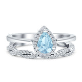 Two Piece Pear Teardrop Natural Aquamarine Wedding Ring 925 Sterling Silver