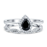 Two Piece Pear Teardrop Natural Black Onyx Wedding Ring 925 Sterling Silver
