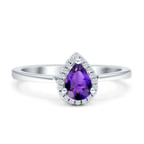 Pear Teardrop Natural Amethyst Halo Solitaire Ring 925 Sterling Silver