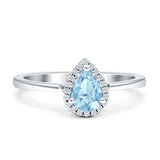 Pear Teardrop Natural Aquamarine Halo Solitaire Ring 925 Sterling Silver