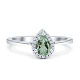 Pear Teardrop Natural Green Amethyst Prasiolite Halo Solitaire Ring 925 Sterling Silver