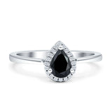 Pear Teardrop Natural Black Onyx Halo Solitaire Ring 925 Sterling Silver