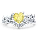 Two Piece Heart Yellow CZ Leaf Style Chevron Rings 925 Sterling Silver