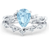 Two Piece Pear  Aquamarine CZ Leaf Style Chevron Rings 925 Sterling Silver
