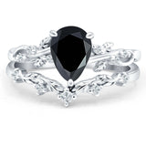 Two Piece Pear  Black CZ Leaf Style Chevron Rings 925 Sterling Silver