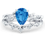 Two Piece Pear Blue Topaz CZ Leaf Style Chevron Rings 925 Sterling Silver