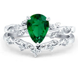 Two Piece Pear Green Emerald CZ Leaf Style Chevron Rings 925 Sterling Silver