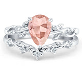 Two Piece Pear Morganite CZ Leaf Style Chevron Rings 925 Sterling Silver