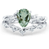 Two Piece Pear Teardrop Natural Green Amethyst Prasiolite Leaf Style Chevron Ring 925 Sterling Silver