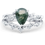 Two Piece Pear Teardrop Natural Green Moss Agate Leaf Style Chevron Ring 925 Sterling Silver