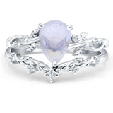 Two Piece Pear Teardrop Natural Moonstone Leaf Style Chevron Ring 925 Sterling Silver