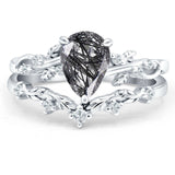 Two Piece Pear Teardrop Natural Rutilated Quartz Leaf Style Chevron Ring 925 Sterling Silver