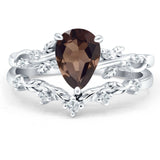 Two Piece Pear Teardrop Natural Chocolate Smoky Quartz Leaf Style Chevron Ring 925 Sterling Silver