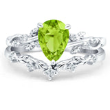 Two Piece Pear Peridot CZ Leaf Style Chevron Rings 925 Sterling Silver