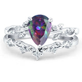 Two Piece Pear Rainbow CZ Leaf Style Chevron Rings 925 Sterling Silver
