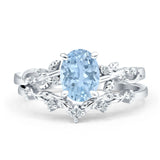 Two Piece Oval  Aquamarine CZ Leaf Style Chevron Rings 925 Sterling Silver