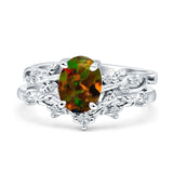 Two Piece Oval Lab Created Black Opal Leaf Style Chevron Rings 925 Sterling Silver