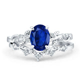 Two Piece Oval Blue Sapphire CZ Leaf Style Chevron Rings 925 Sterling Silver